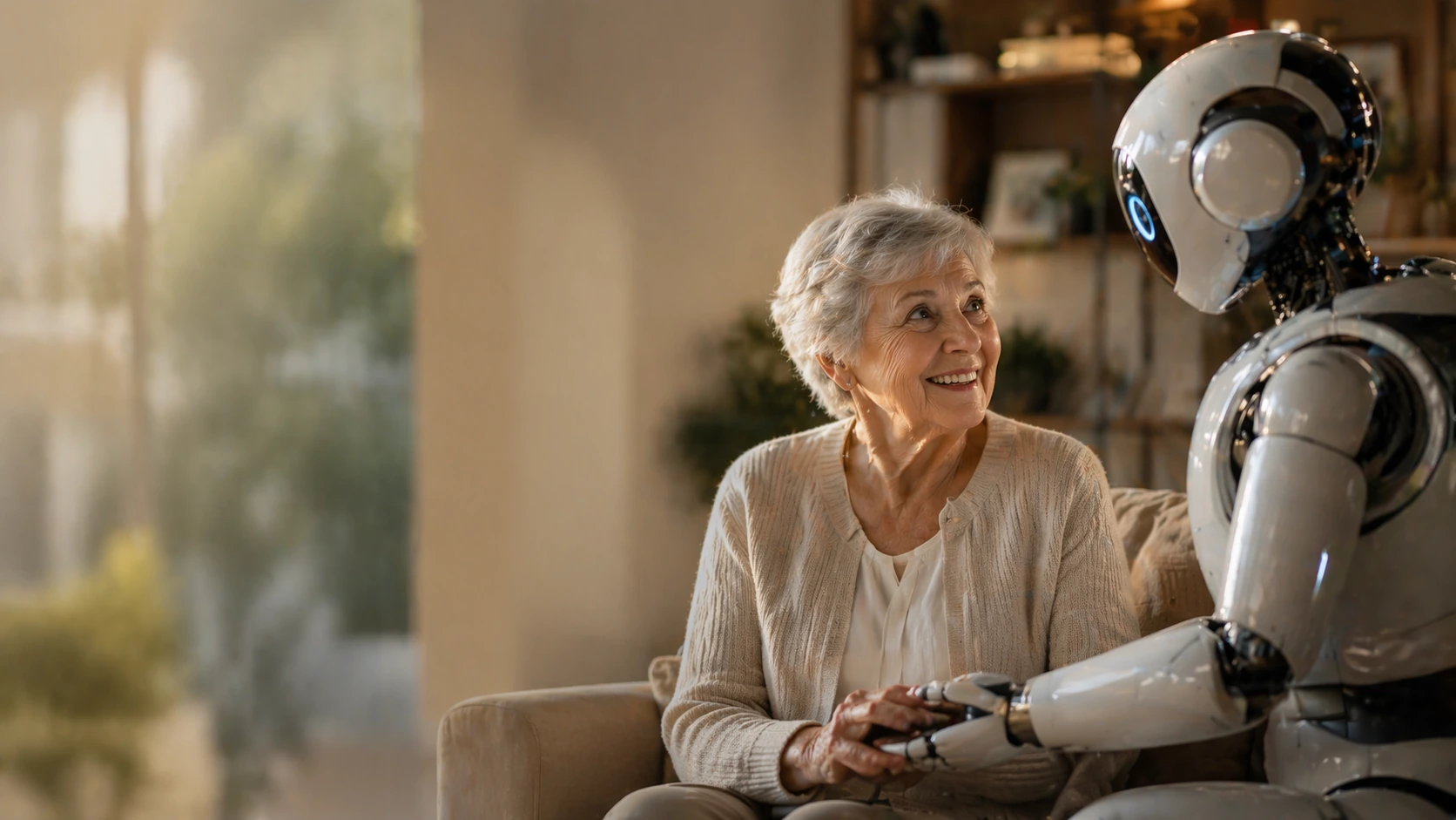 Photoreal elder care robot with an older adult in a warm modern living room