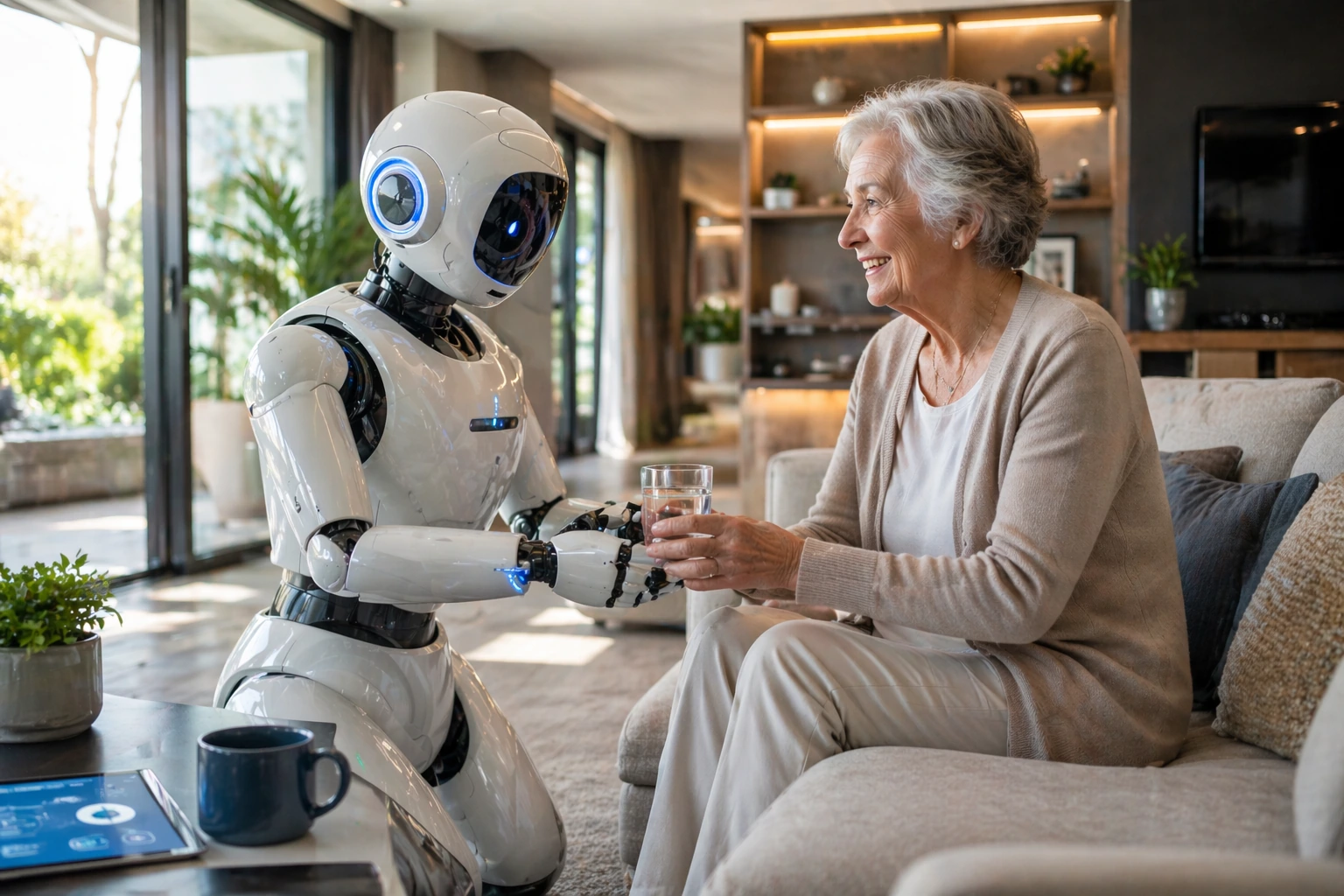 Elder care robot offering support in a modern living room
