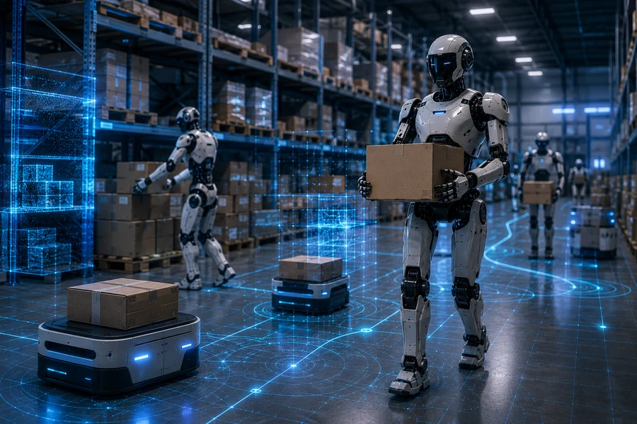 Humanoid robots and mobile robots sorting packages in a warehouse