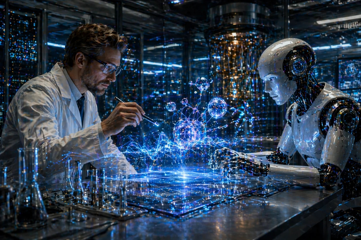 Photorealistic scientist and AI robot studying holographic quantum simulation