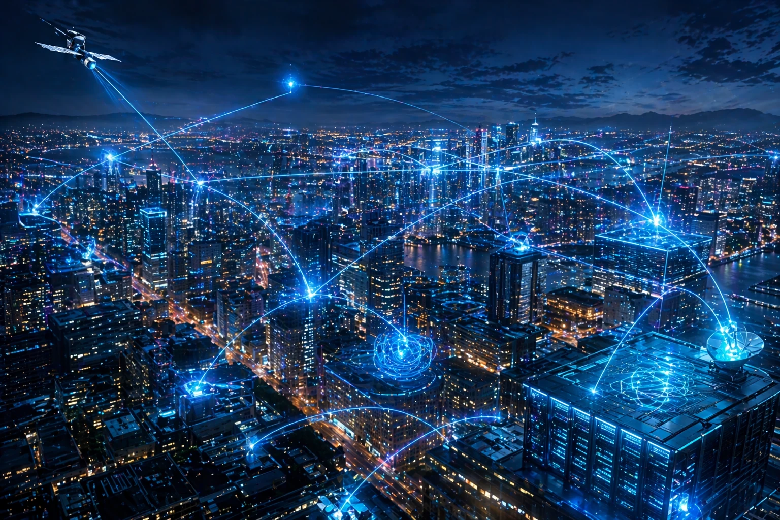 Photorealistic quantum network visualization across a futuristic city at night