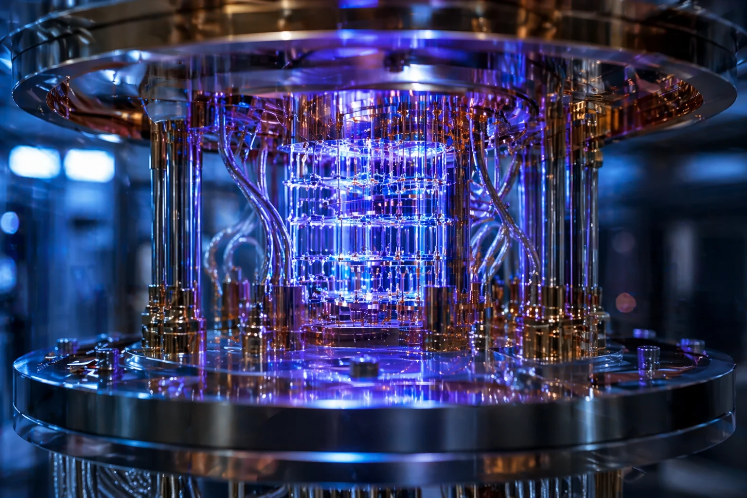 Photorealistic quantum processor core with glowing qubit lattice