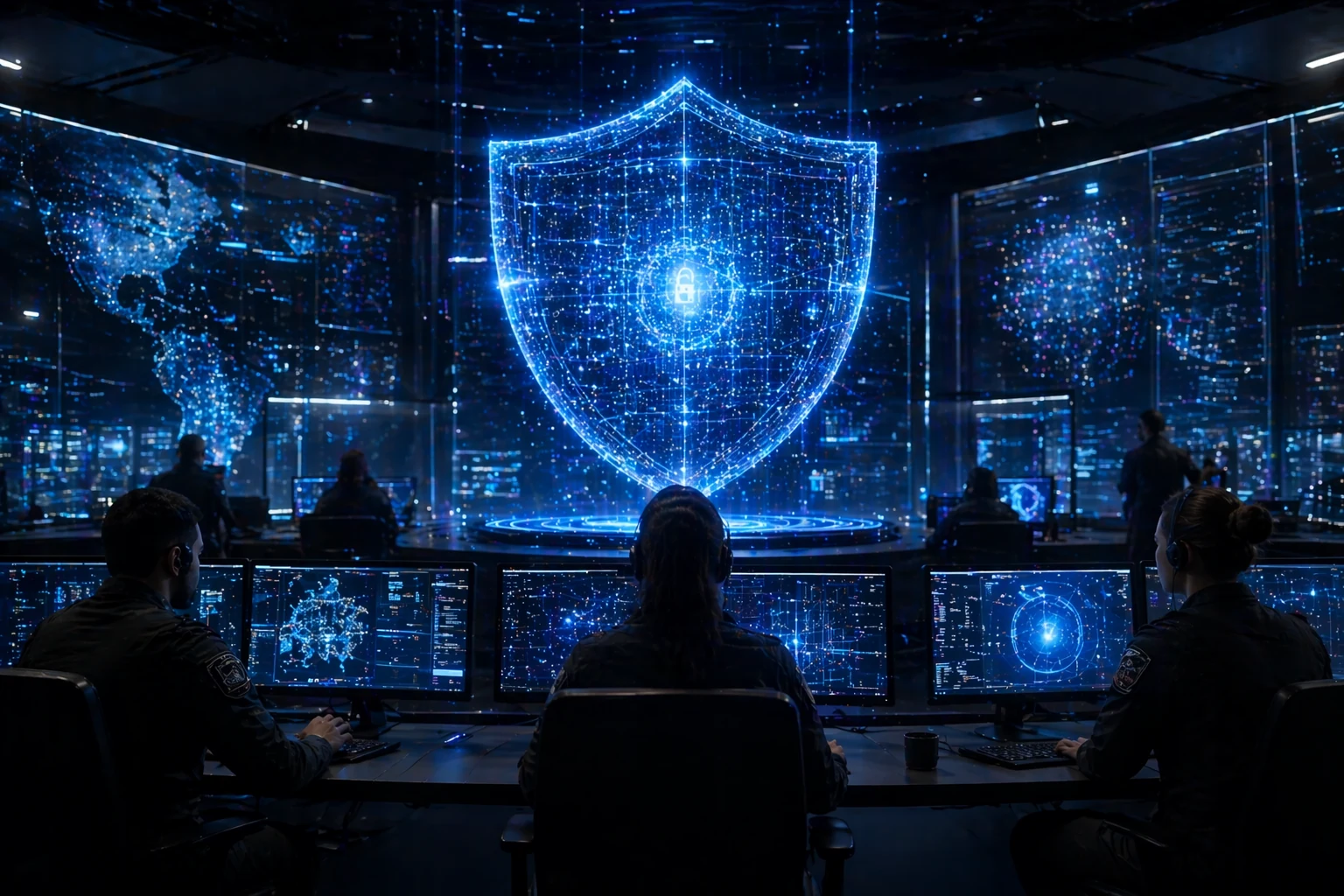 Photorealistic cybersecurity command center with quantum encryption shield