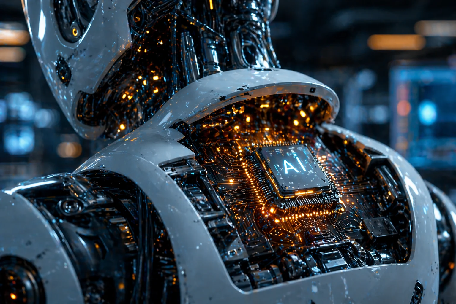 Close-up of a robot with glowing AI core and embedded edge processing hardware