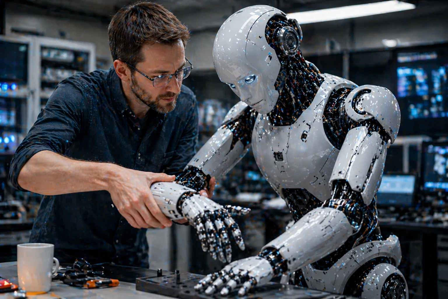 Human guiding a humanoid robot arm in a modern lab