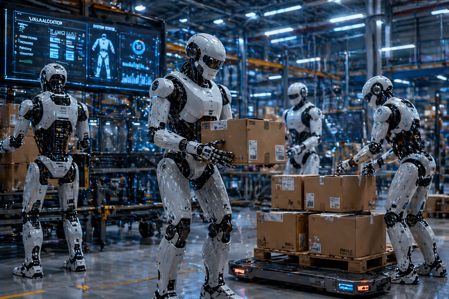 Multiple humanoid robots working together in a coordinated warehouse environment