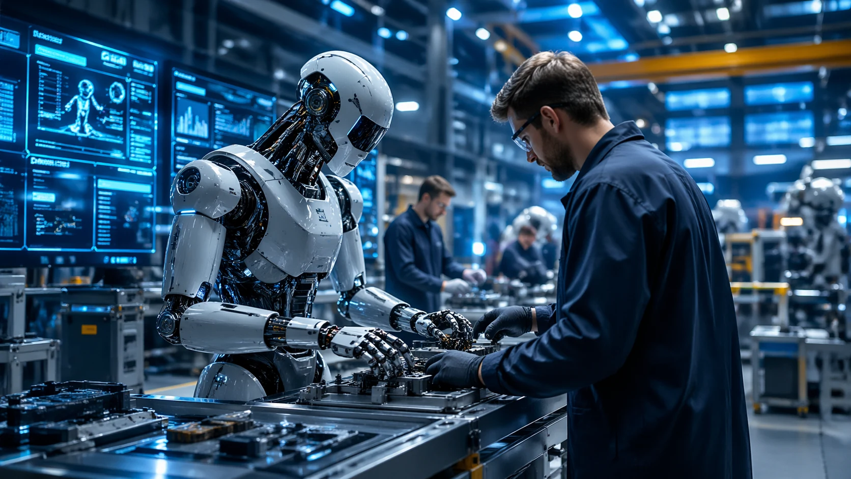 Humanoid robots and humans working together in a futuristic robotics facility