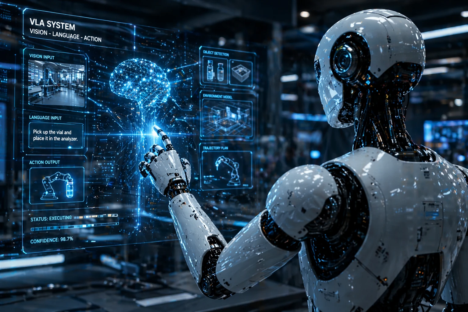 Humanoid robot interacting with a holographic AI interface in a futuristic lab