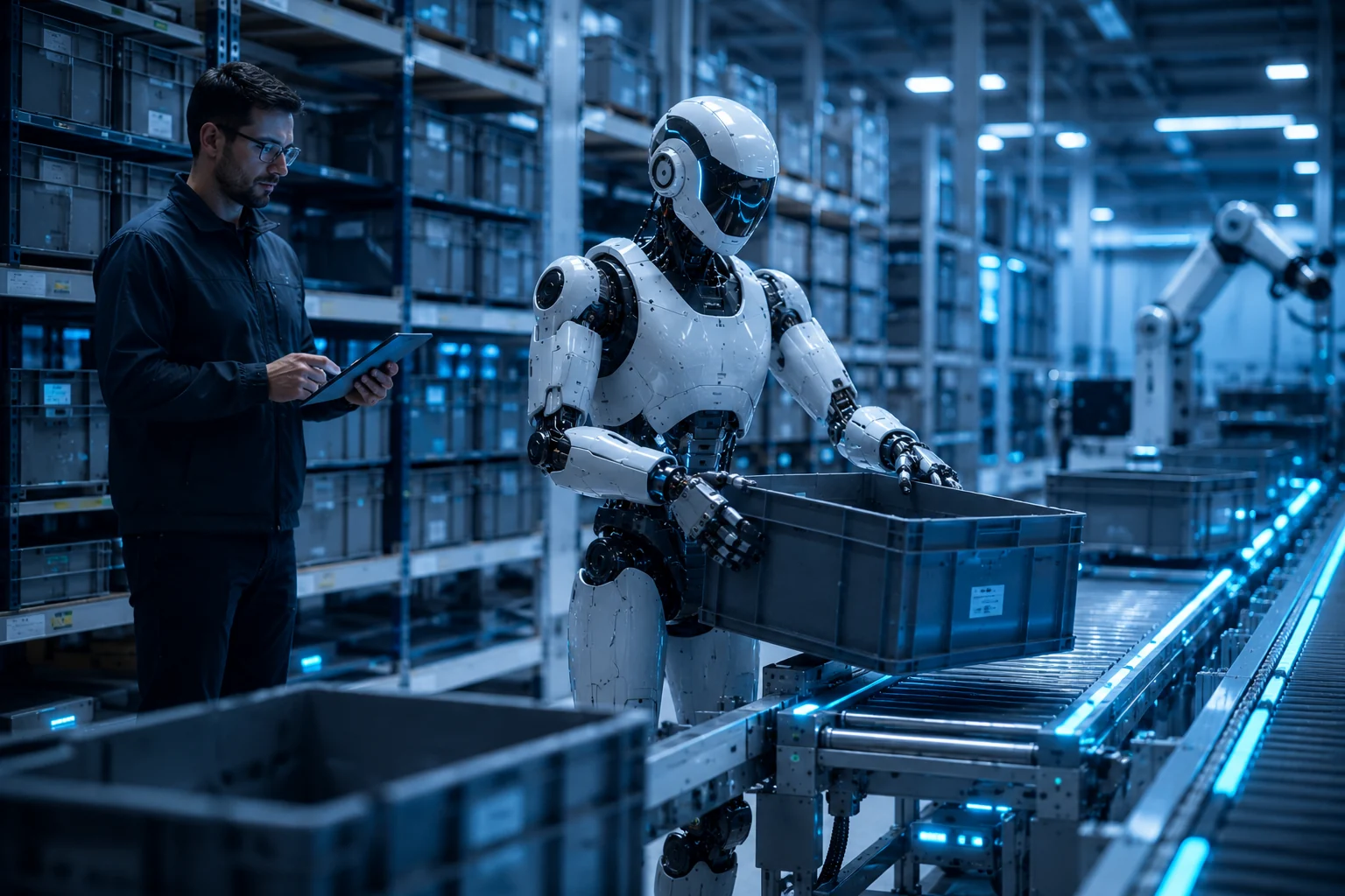 Humanoid robot working beside human supervisor in warehouse