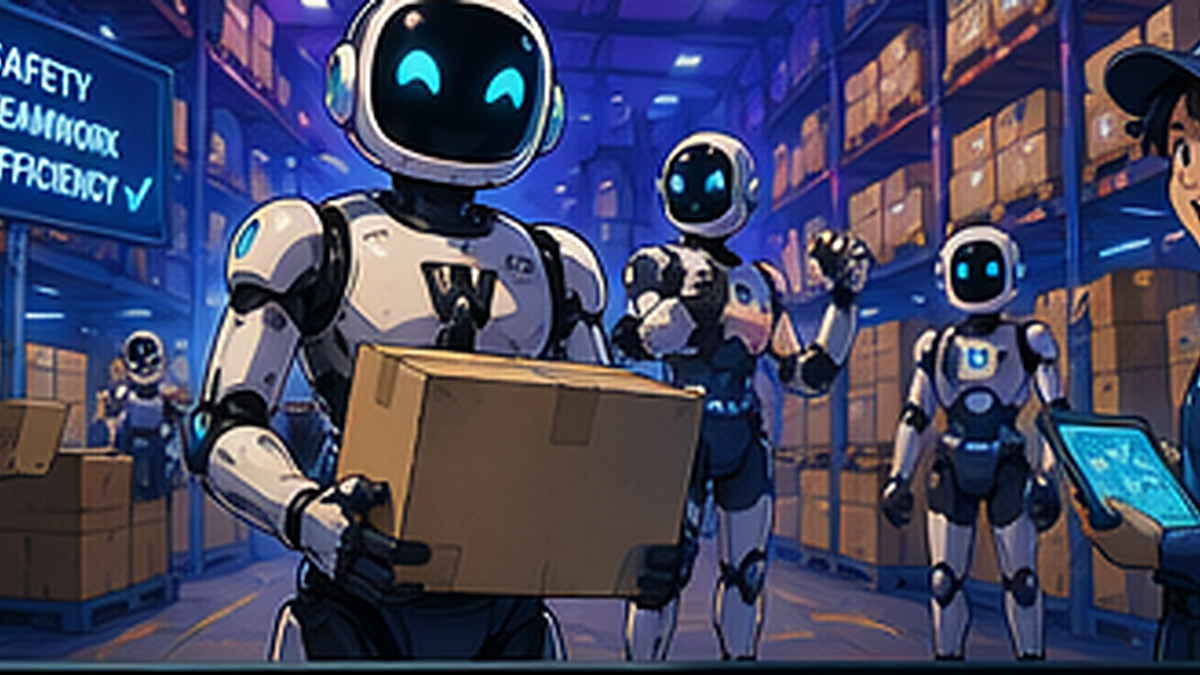 Anime-style humanoid robots working in a warehouse alongside human workers