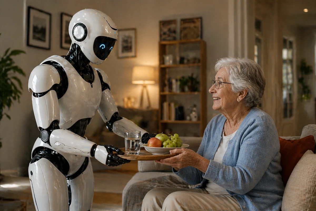 Friendly robot assisting an elderly woman in a living room