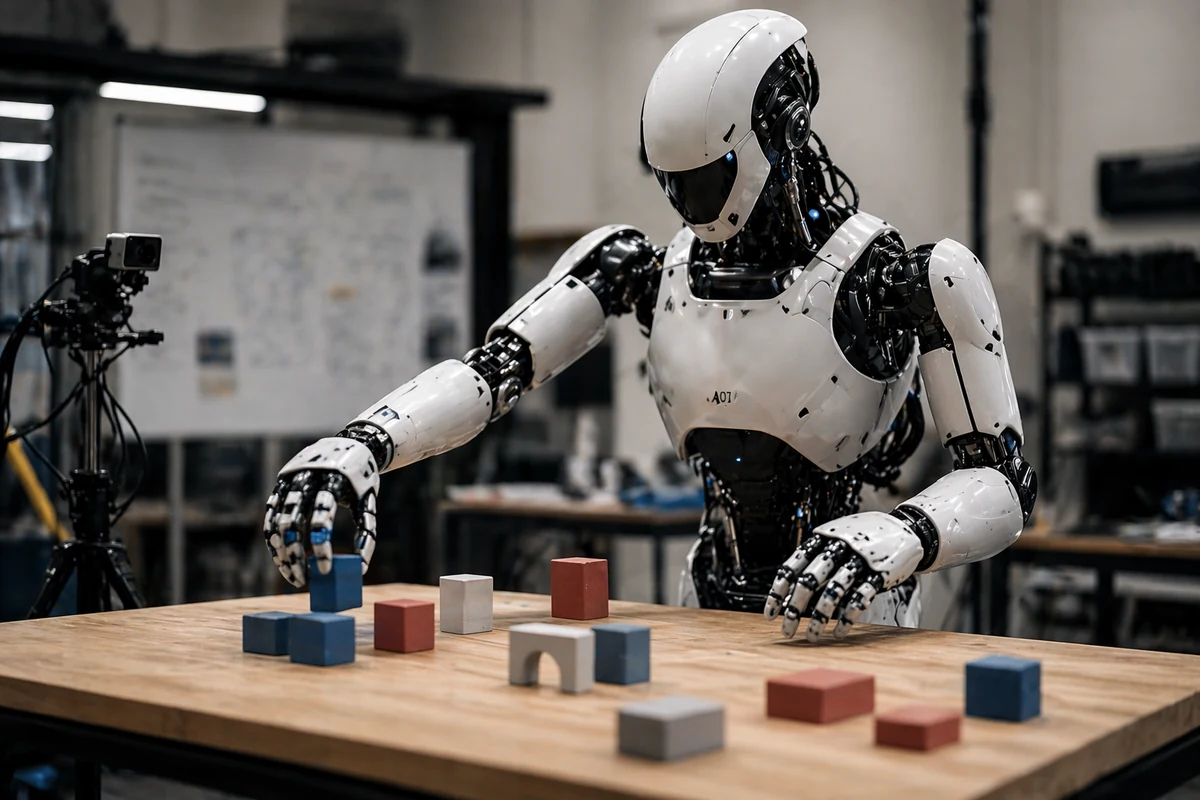 Humanoid robot learning to pick up blocks on a lab table