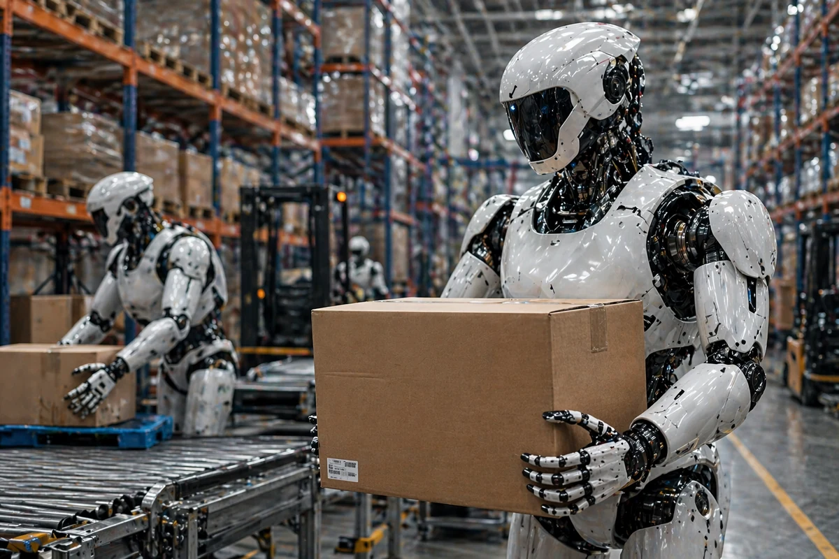Humanoid robots carrying boxes in a warehouse