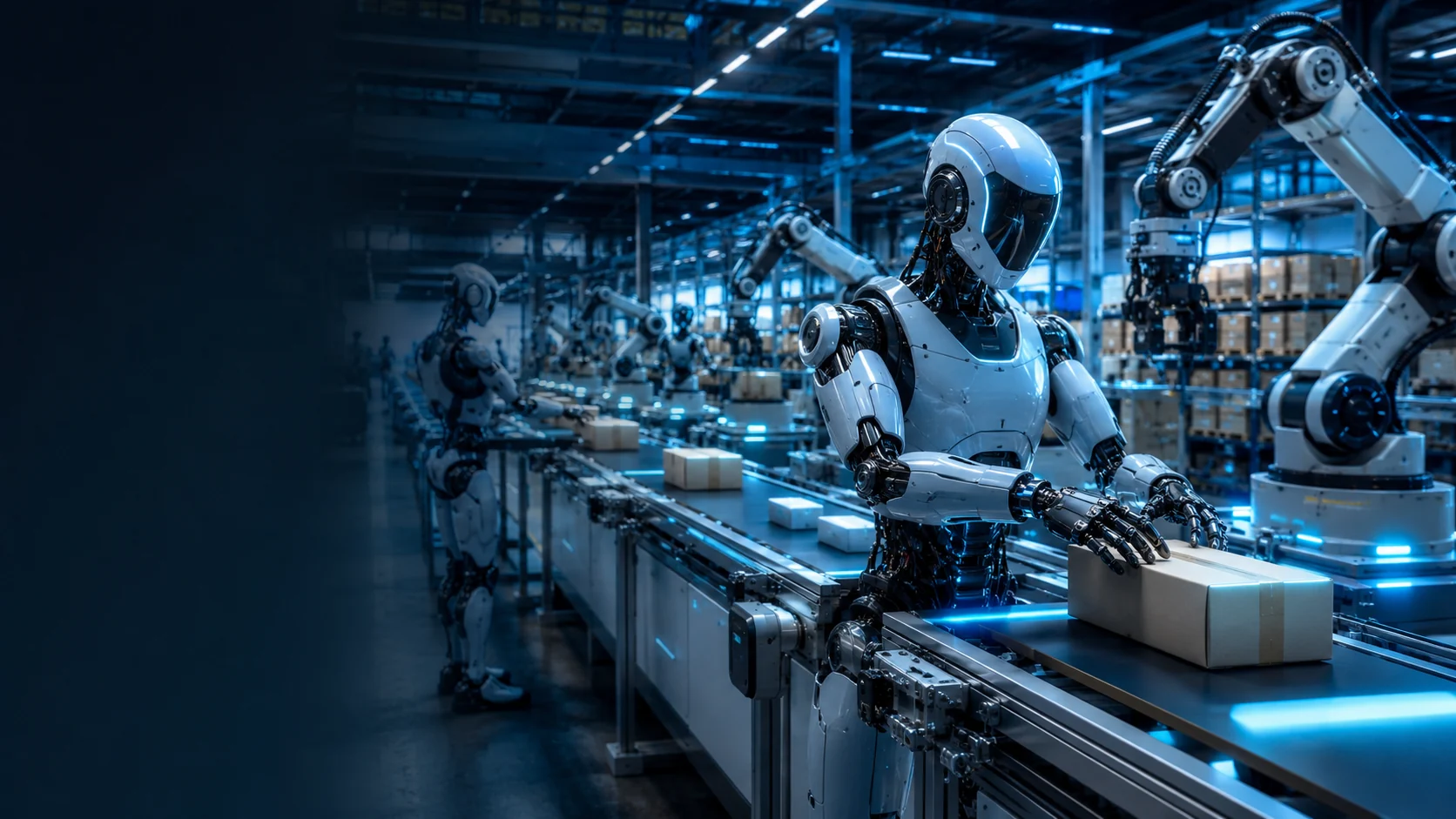 Next-generation AI robots working in an automated warehouse