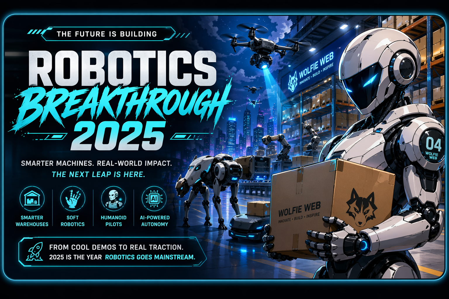 Robotics Breakthrough 2025 - AI robots in futuristic warehouse