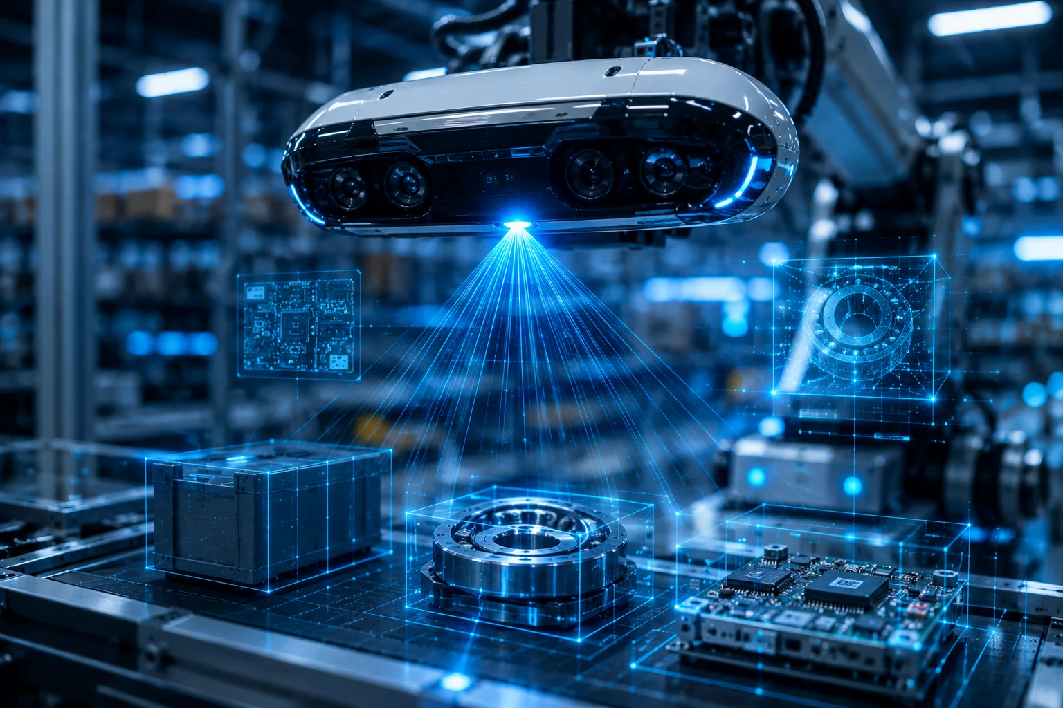Robot vision sensors scanning objects with AI overlays