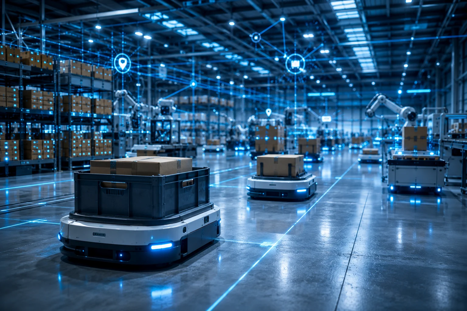 Autonomous warehouse robots carrying bins and packages