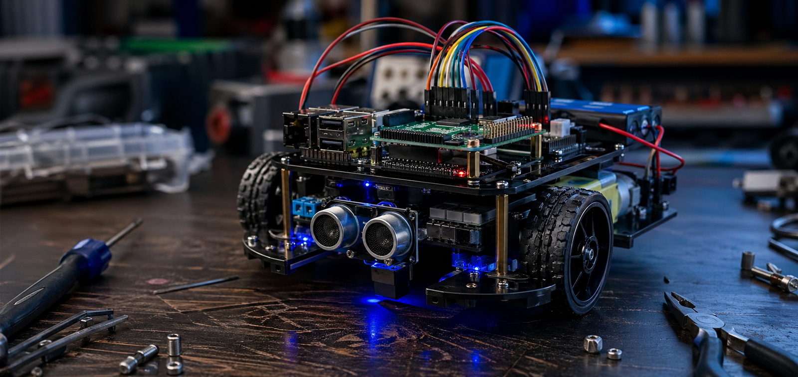 Photorealistic Raspberry Pi robot car on a workbench with sensors, wheels, wiring, and blue workshop lighting