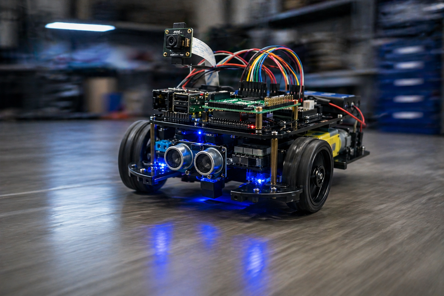 Raspberry Pi robot car driving across a smooth floor with glowing LEDs, sensor eyes, camera module, and motion blur on the wheels