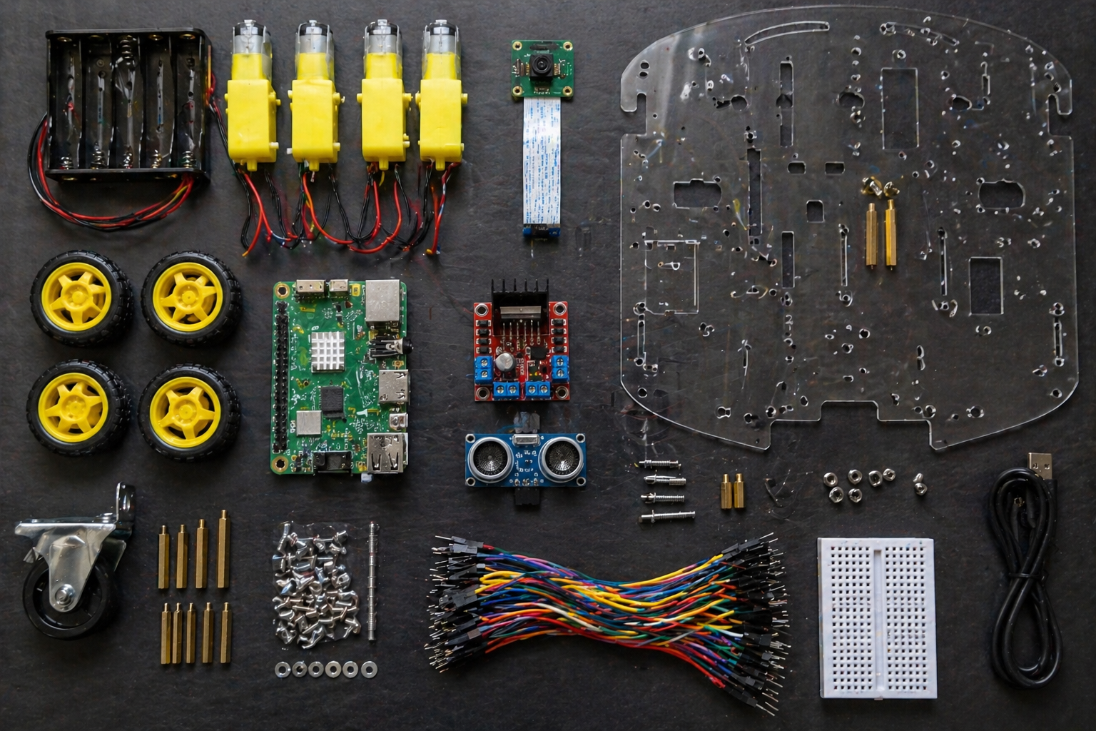 Flat lay of Raspberry Pi robot car parts including chassis plates, wheels, DC motors, motor driver, ultrasonic sensor, camera module, jumper wires, screws, and battery holder