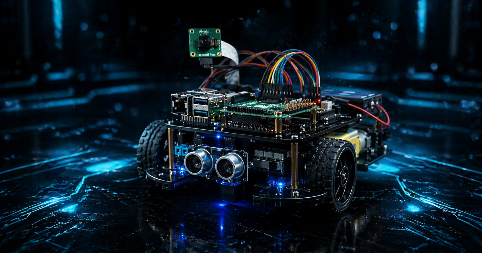 Raspberry Pi robot car centered on a futuristic dark tech background with glowing cyan circuitry and visible sensor eyes