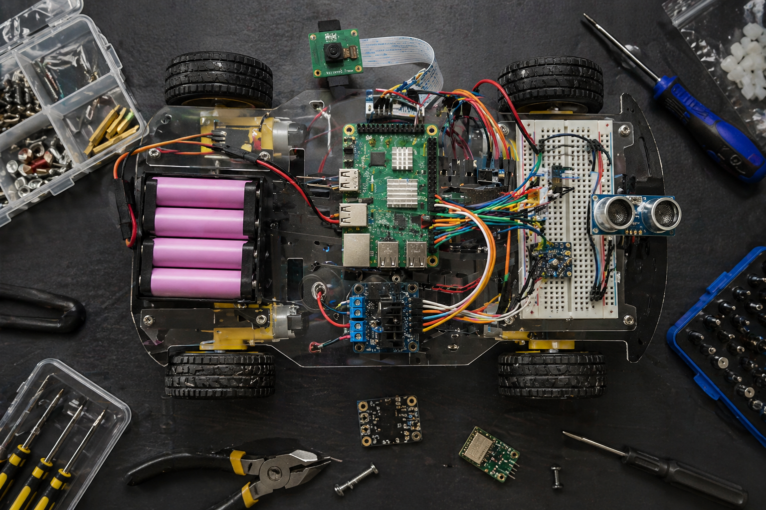 Top-down Raspberry Pi smart car build with exposed wiring, board, motor controller, breadboard, sensors, camera module, battery pack, tools, and parts tray