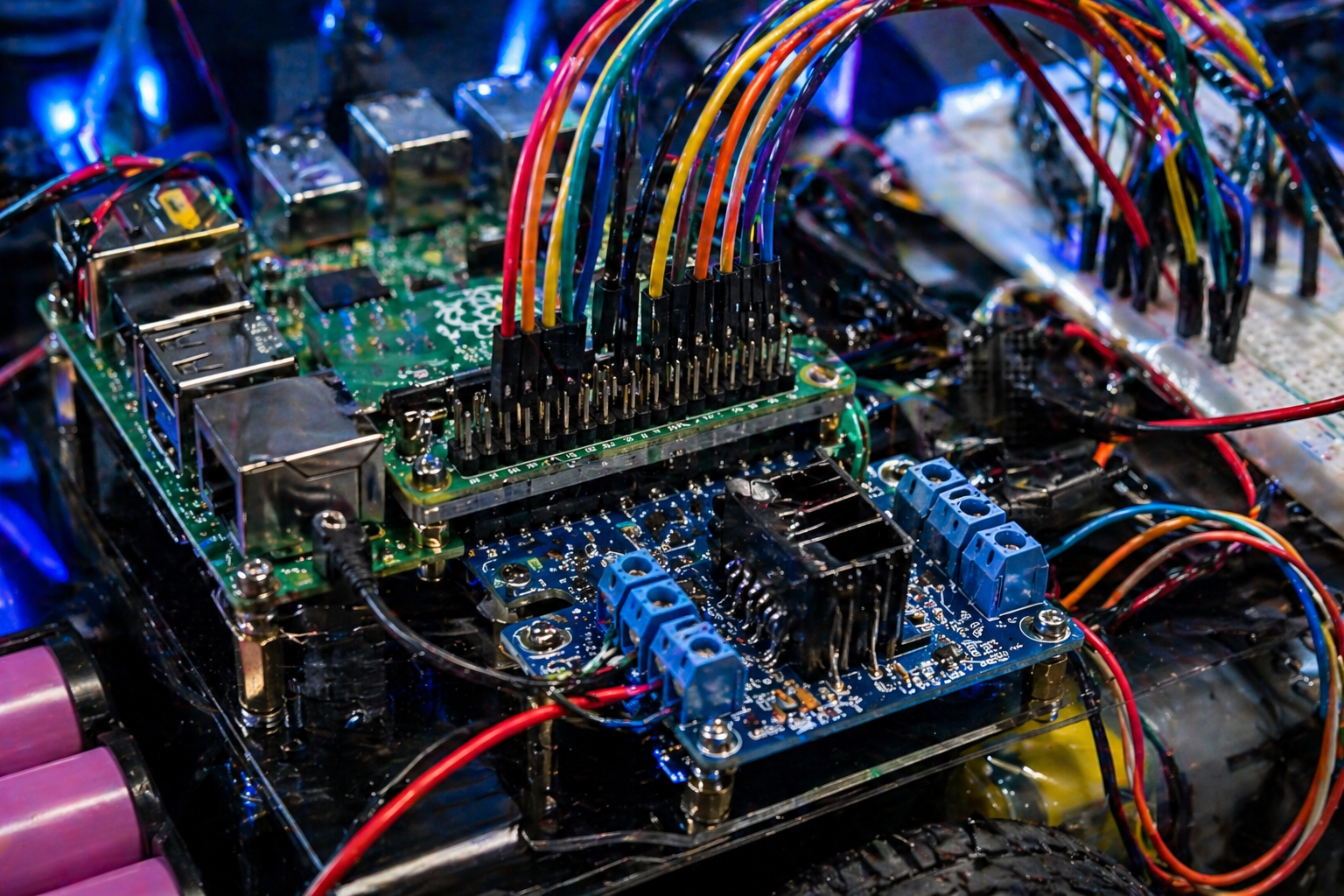 Close-up Raspberry Pi robot car wiring with GPIO pins, colorful jumper wires, motor driver board, battery leads, and breadboard connections